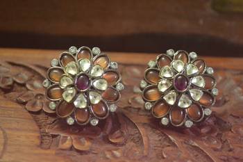 Classic Designer Semi Precious Royal Stone Oxidised Silver Plated Studs Earrings 2