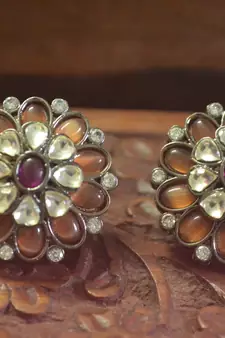 Classic Designer Semi Precious Royal Stone Oxidised Silver Plated Studs Earrings