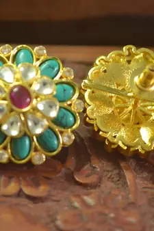  Classic designer semi precious royal stone oxidised silver plated studs earrings