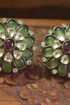  Classic designer semi precious royal stone oxidised silver plated studs earrings