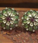  Classic designer semi precious royal stone oxidised silver plated studs earrings