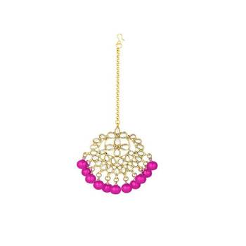 Pink beaded_jewellery Yellow Gold Alloy   Necklace   with Pair of Earring   Maang Tikka 5