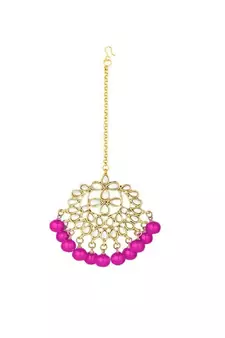 Pink beaded_jewellery Yellow Gold Alloy   Necklace   with Pair of Earring   Maang Tikka