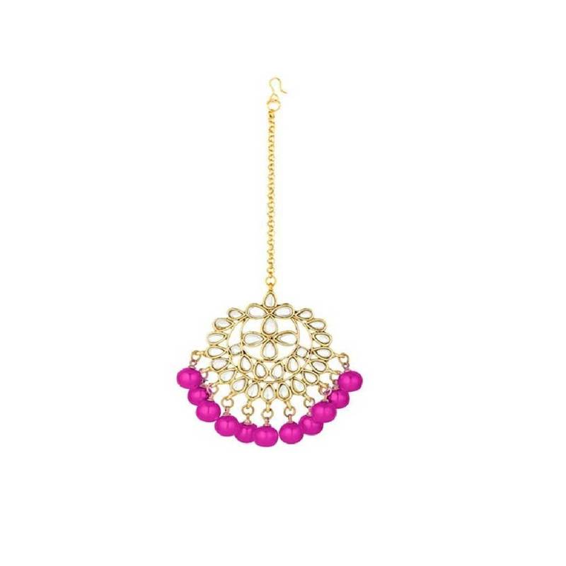 Pink beaded_jewellery Yellow Gold Alloy   Necklace   with Pair of Earring   Maang Tikka