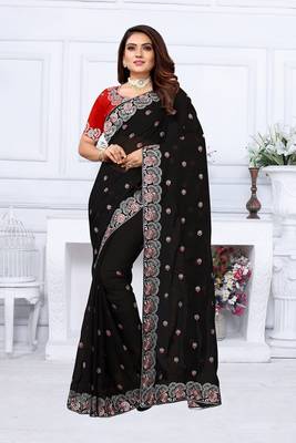 Black embroidered faux georgette saree with blouse 1
