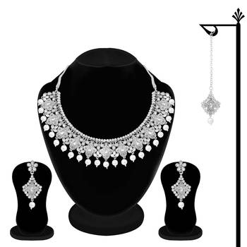 Traditional Oxidised Silver Plated Cz Stone Studded & Pearl Necklace Set With Earrings & Maang Tikka For Women 1