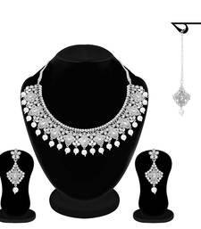 Traditional Oxidised Silver Plated Cz Stone Studded & Pearl Necklace Set With Earrings & Maang Tikka For Women