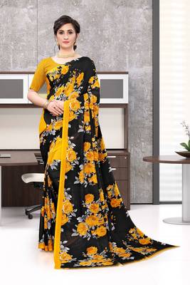 Yellow printed faux georgette saree with blouse 1