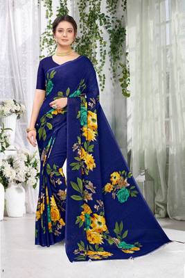 Blue printed faux georgette saree with blouse 1