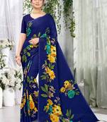 Blue printed faux georgette saree with blouse