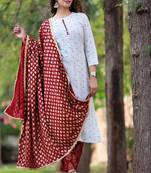 Women's Rayon Printed Designer Polka Dotted A-Line Kurti With Pant & Dupatta Set