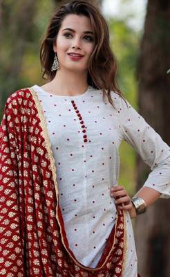 Women's Rayon Printed Designer Polka Dotted A-Line Kurti With Pant & Dupatta Set 2