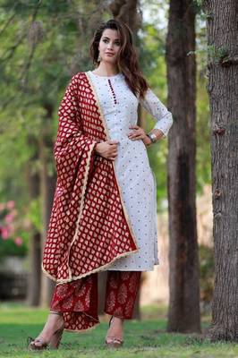 Women's Rayon Printed Designer Polka Dotted A-Line Kurti With Pant & Dupatta Set 3