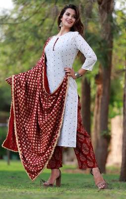 Women's Rayon Printed Designer Polka Dotted A-Line Kurti With Pant & Dupatta Set 4