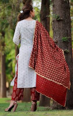 Women's Rayon Printed Designer Polka Dotted A-Line Kurti With Pant & Dupatta Set 5