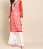 Red embroidered georgette chikankari-kurtis