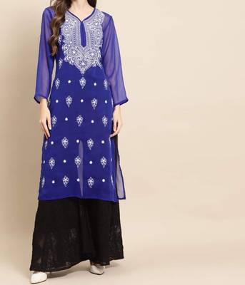 Royal-blue embroidered georgette chikankari-kurtis 1