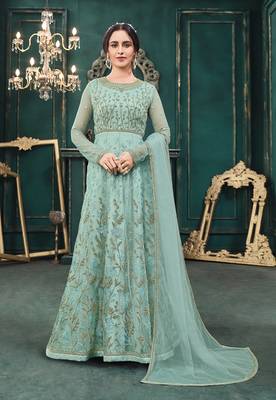 Sky-blue embroidered net salwar 1