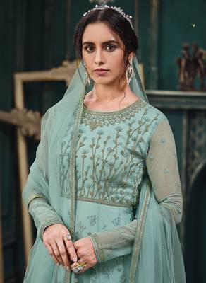 Sky-blue embroidered net salwar 4