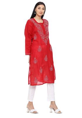 Red embroidered cotton chikankari-kurtis 2