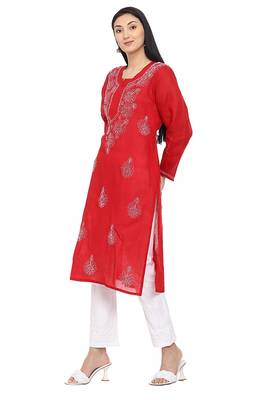 Red embroidered cotton chikankari-kurtis 3