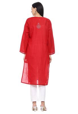 Red embroidered cotton chikankari-kurtis 4
