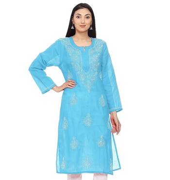 Light-blue embroidered cotton chikankari-kurtis 1