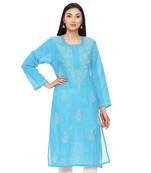Light-blue embroidered cotton chikankari-kurtis
