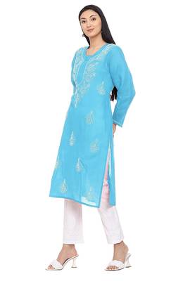 Light-blue embroidered cotton chikankari-kurtis 3