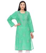 Sea-green embroidered cotton chikankari-kurtis