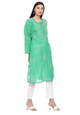 Sea-green embroidered cotton chikankari-kurtis 2
