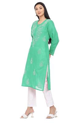 Sea-green embroidered cotton chikankari-kurtis 3