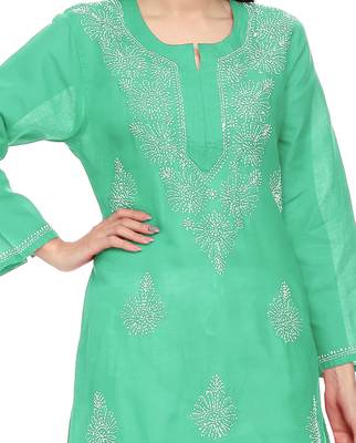 Sea-green embroidered cotton chikankari-kurtis 5