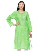 Light-green embroidered cotton chikankari-kurtis