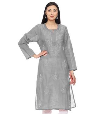 Grey embroidered cotton chikankari-kurtis 1