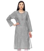 Grey embroidered cotton chikankari-kurtis
