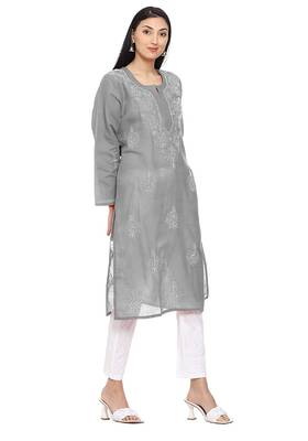 Grey embroidered cotton chikankari-kurtis 2