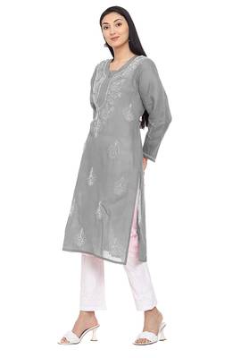 Grey embroidered cotton chikankari-kurtis 3