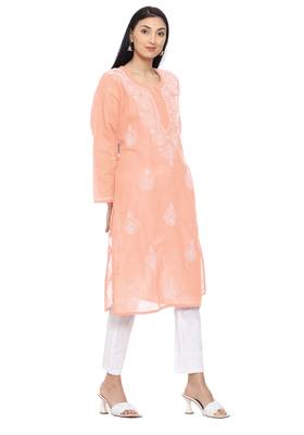 Peach embroidered cotton chikankari-kurtis 2
