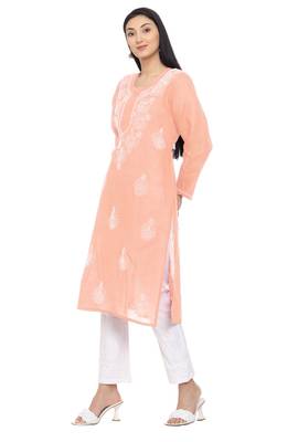 Peach embroidered cotton chikankari-kurtis 3