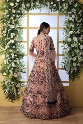 Gorgeous Light Orange Thread Embroidered Work Net Anarkali Long Gown Semi Stitched 3
