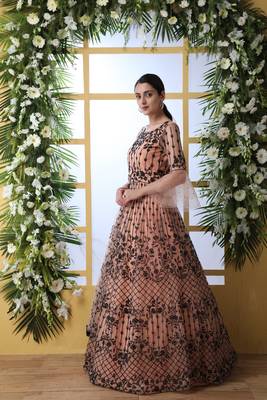 Gorgeous Light Orange Thread Embroidered Work Net Anarkali Long Gown Semi Stitched 4