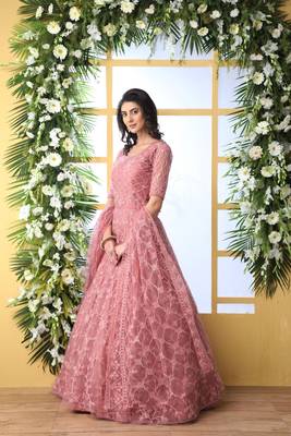 Provocative Peach Thread Embroidered Work Net Anarkali Long Gown Semi Stitched 4