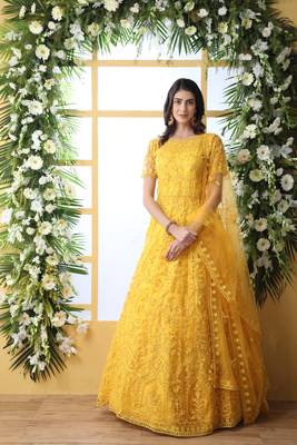 Enchasting  Yellow Thread Embroidered Work Net Anarkali Long Gown Semi Stitched 1