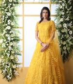 Enchasting  Yellow Thread Embroidered Work Net Anarkali Long Gown Semi Stitched