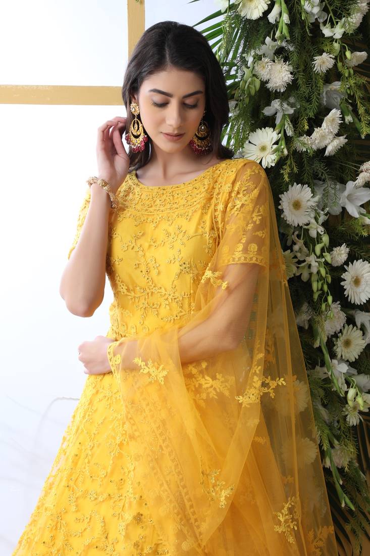 Enchasting  Yellow Thread Embroidered Work Net Anarkali Long Gown Semi Stitched