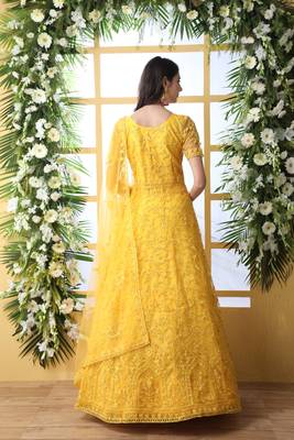 Enchasting  Yellow Thread Embroidered Work Net Anarkali Long Gown Semi Stitched 3