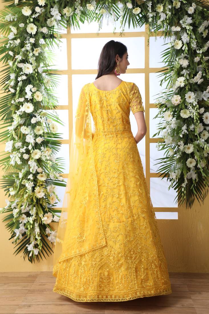 Enchasting  Yellow Thread Embroidered Work Net Anarkali Long Gown Semi Stitched