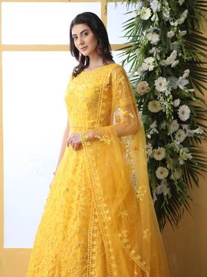 Enchasting  Yellow Thread Embroidered Work Net Anarkali Long Gown Semi Stitched 4