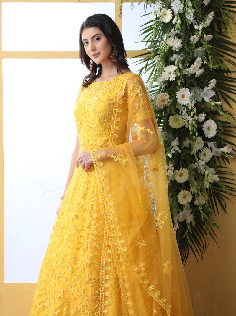 Enchasting  Yellow Thread Embroidered Work Net Anarkali Long Gown Semi Stitched